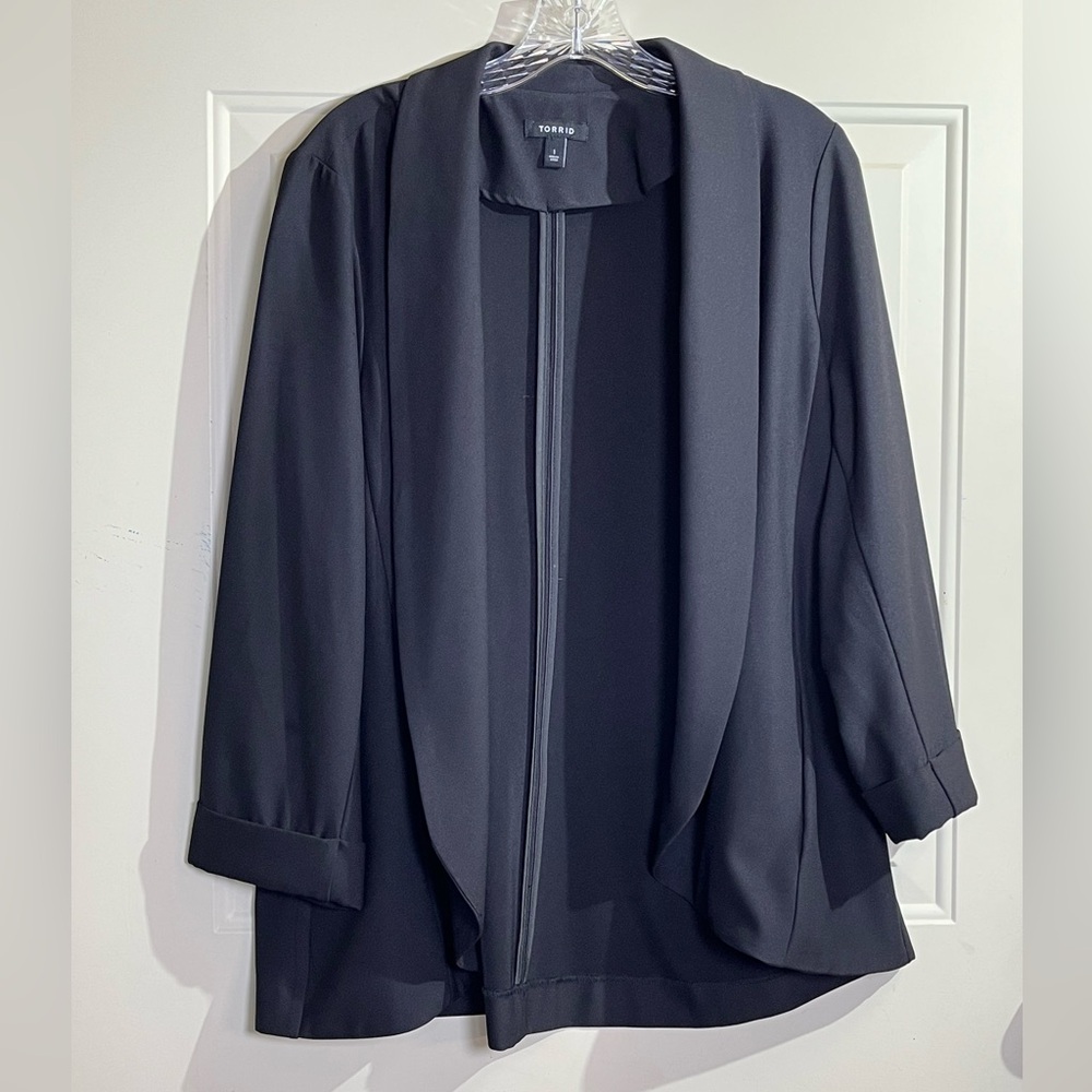 Torrid Black Open Front Draped Blazer Jacket Size 1 Stretch Career Work
